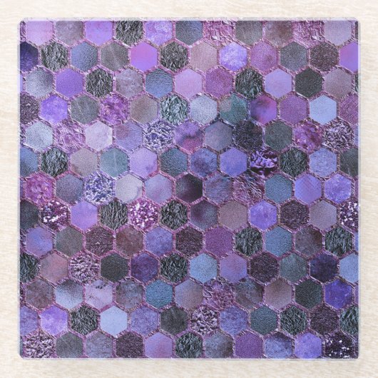Lila Metallfolien-Glitzerbienenwabenluxusmuster Glasuntersetzer (Vorderseite)