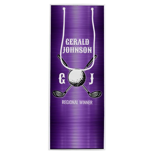 Lila Metallic Lines Golf Monogram Design Geschenktüte Für Weinflaschen (Vorderseite)