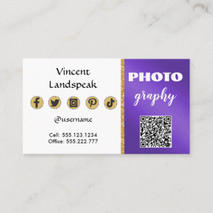 Lila Metallischer Gold Glitter QR Code Fotografie Visitenkarte