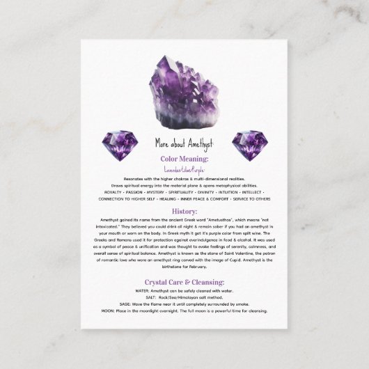 Lila metaphysische Eigenschaften des Amethyst Visitenkarte (Rückseite)