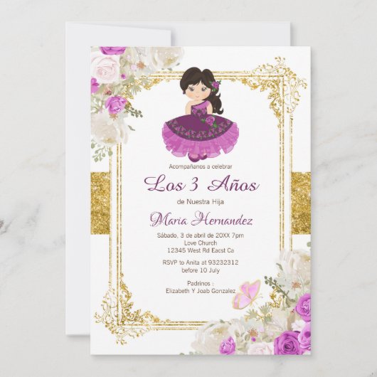 Lila mexikanisches Kleid Dritter Geburtstag 1 Einl Einladung (Vorderseite)