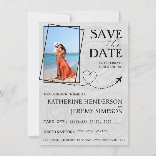 Lila Mexiko-Pass Save the Date (Rückseite)