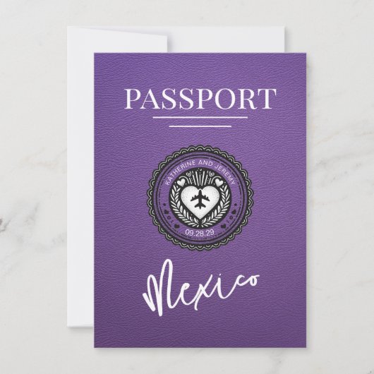 Lila Mexiko-Pass Save the Date (Vorderseite)