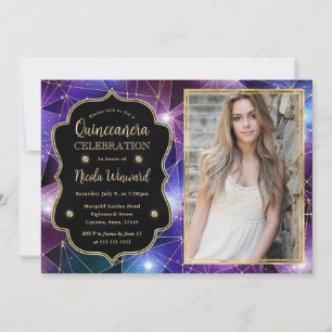 Lila Midnight Crystal Galaxy Quinceanera-Foto Einladung