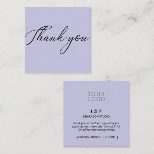 Lila Minimal Modern Danke Business Cards Quadratische Visitenkarte (Vorne/Hinten)