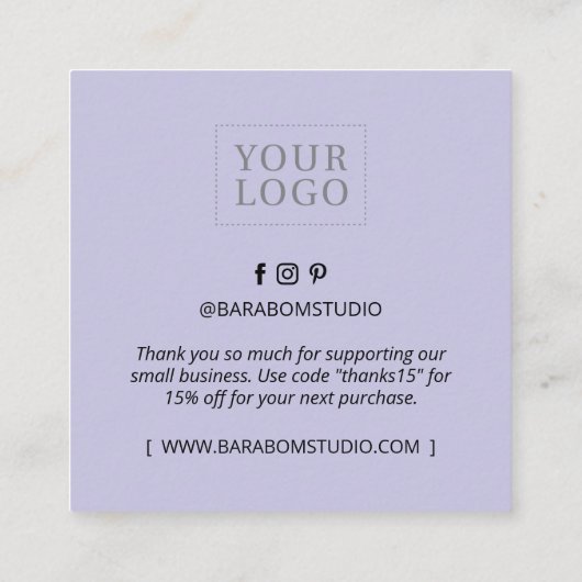 Lila Minimal Modern Danke Business Cards Quadratische Visitenkarte (Rückseite)