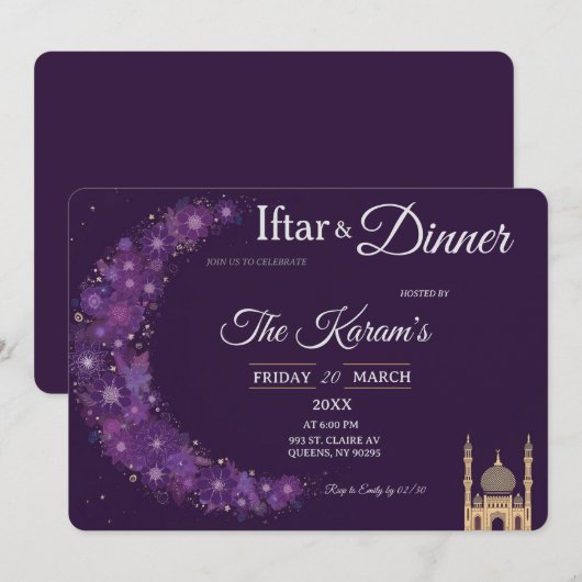 Lila-minimale Moschee-Ramadan-Iftar-Party Einladung (Vorne/Hinten)