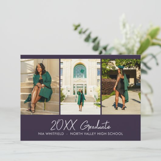 Lila Minimalistische Fotocollage Graduation Party Einladung (Stehend Vorderseite)