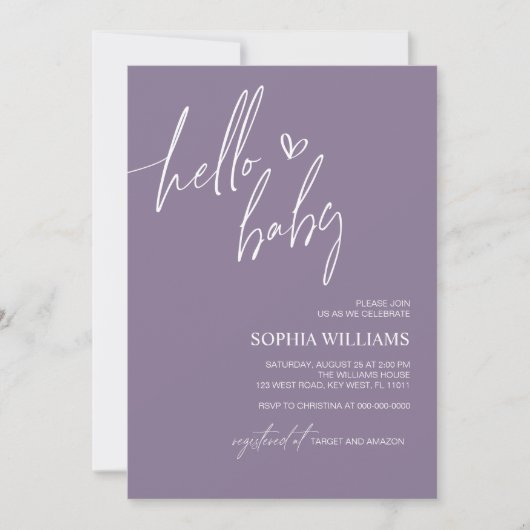 Lila Minimalistische Kinderdusche Einladung (Vorderseite)