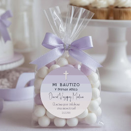 Lila Minimalistische Taufe und erster Geburtstag Runder Aufkleber