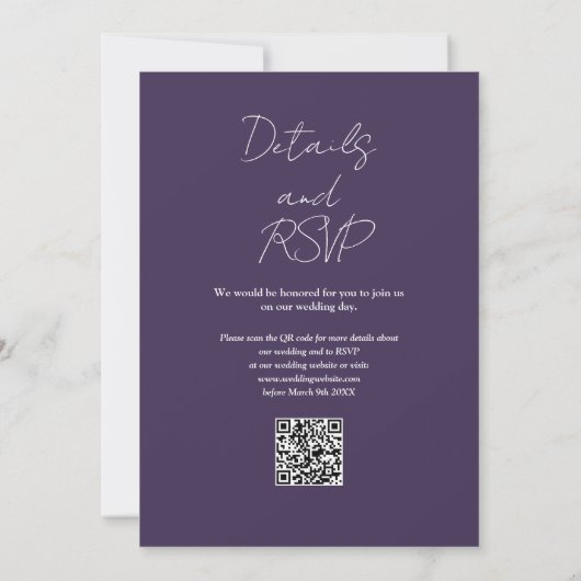 Lila Minimalistischer QR-Code Hochzeit Einladung (Rückseite)