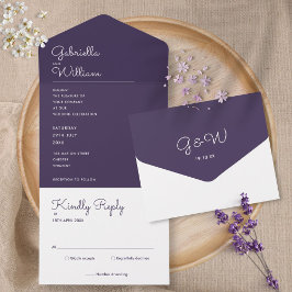 Lila minimalistisches Schriftmonogramm Hochzeit All In One Einladung