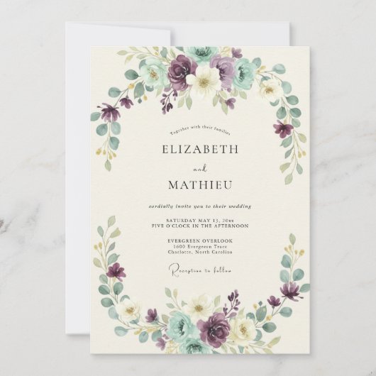 Lila Minze Botanischer Bogen Hochzeit Einladung (Vorderseite)