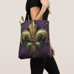 LILA MIT GREEN & GOLD MARDI GRAS FLEUR DI LIS TASCHE