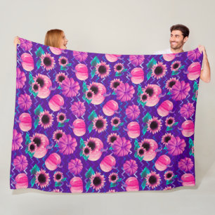 LILA MIT HELLROSA KÜRBISSEN & SONNENBLUMEN FLEECEDECKE