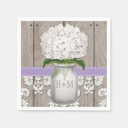 Lila Mit Monogramm White Hydrangea Mason Jar Serviette (Vorderseite)