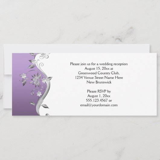 Lila mit Verzierten Silver Blume Wirbel Empfang Einladung (Rückseite)
