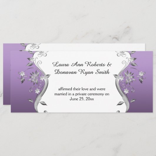 Lila mit Verzierten Silver Blume Wirbel Empfang Einladung (Vorne/Hinten)