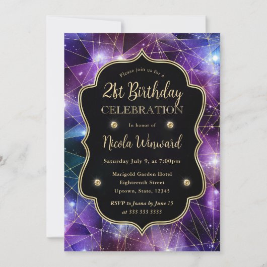 Lila Mitternachtskristall Galaxy 21. Geburtstag Einladung (Vorderseite)