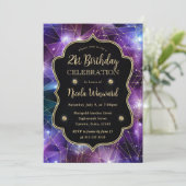 Lila Mitternachtskristall Galaxy 21. Geburtstag Einladung (Stehend Vorderseite)