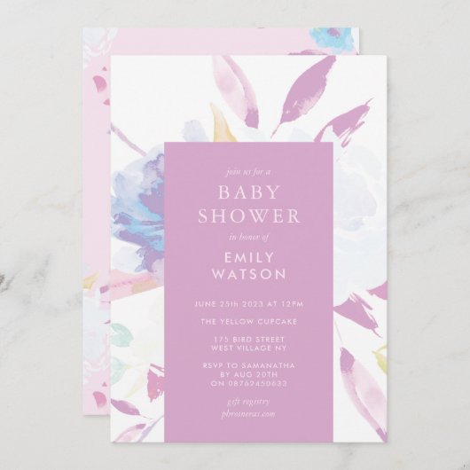 Lila moderne Blumenwasser-Babydusche Einladung (Vorne/Hinten)