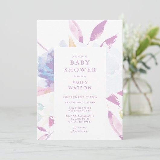 Lila moderne Blumenwasser-Babydusche Einladung (Stehend Vorderseite)