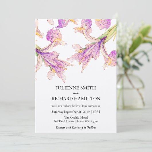 Lila moderne botanische Hochzeitseinladungen Einladung (Stehend Vorderseite)