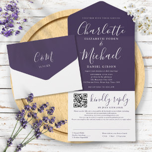Lila Moderne Elegante Schriftart QR-Code Hochzeit All In One Einladung