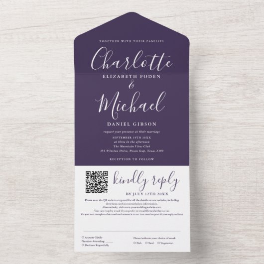 Lila moderne, elegante Script QR Code Hochzeit All In One Einladung (Innen Boden)