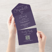 Lila moderne, elegante Script QR Code Hochzeit All In One Einladung (Abreißen)