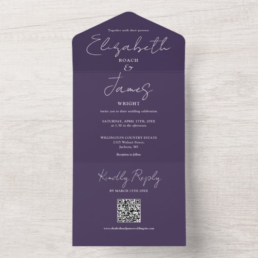 Lila moderne, elegante Script QR Code Hochzeit All In One Einladung (Innen Boden)