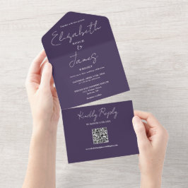 Lila moderne, elegante Script QR Code Hochzeit All In One Einladung