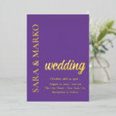 Lila moderne NAMES Einfache Hochzeit Folieneinladung (Stehend vorne)