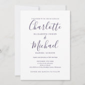 Lila moderne Script QR Code Hochzeit Einladung (Vorderseite)