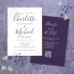 Lila moderne Script QR Code Hochzeit Einladung