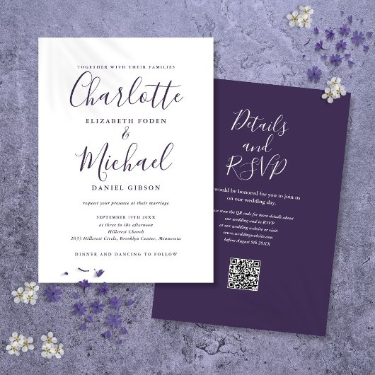 Lila moderne Script QR Code Hochzeit Einladung