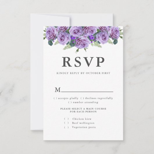 Lila moderne Typografie Elegante Blumenhochzeit RSVP Karte (Vorderseite)