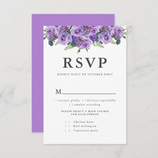 Lila moderne Typografie Elegante Blumenhochzeit RSVP Karte (Vorne/Hinten)