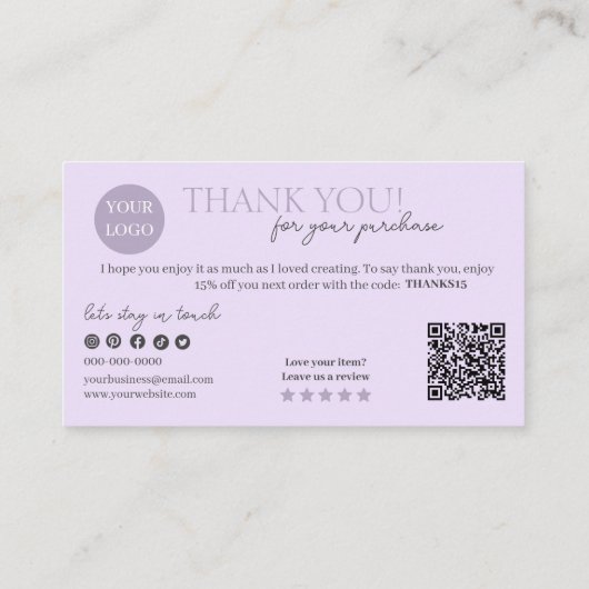 Lila moderner Script QR Code, vielen Dank Visitenkarte (Rückseite)