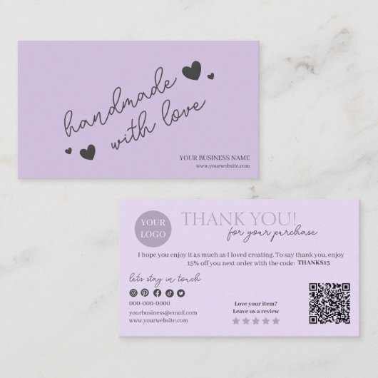 Lila moderner Script QR Code, vielen Dank Visitenkarte (Vorne/Hinten)