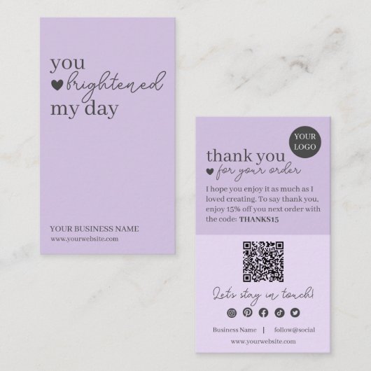 Lila moderner Script QR Code, vielen Dank Visitenkarte (Vorne/Hinten)