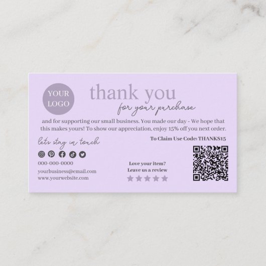 Lila moderner Script QR Code, vielen Dank Visitenkarte (Rückseite)