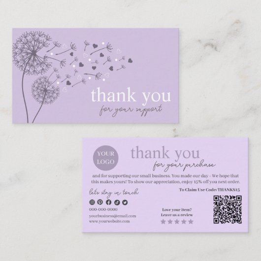 Lila moderner Script QR Code, vielen Dank Visitenkarte (Vorne/Hinten)