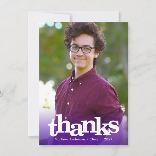 Lila modernes Foto Abschluss fett Typografie Dankeskarte (Vorderseite)