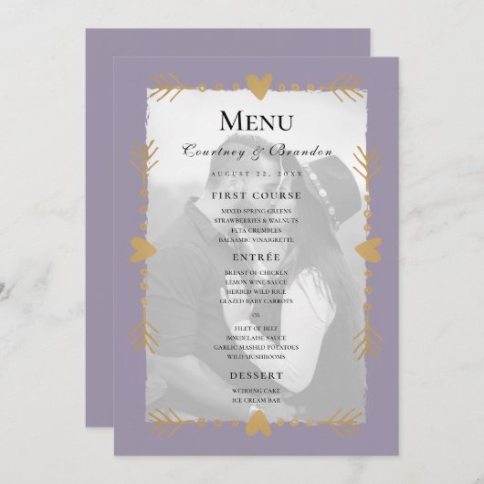 Lila, modernes Foto-Goldherzen-Menü Menükarte (Vorne/Hinten)