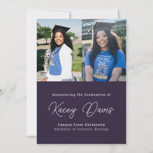 Lila modernes Jahr der Klassen und Foto Abschluss Ankündigung (Rückseite)