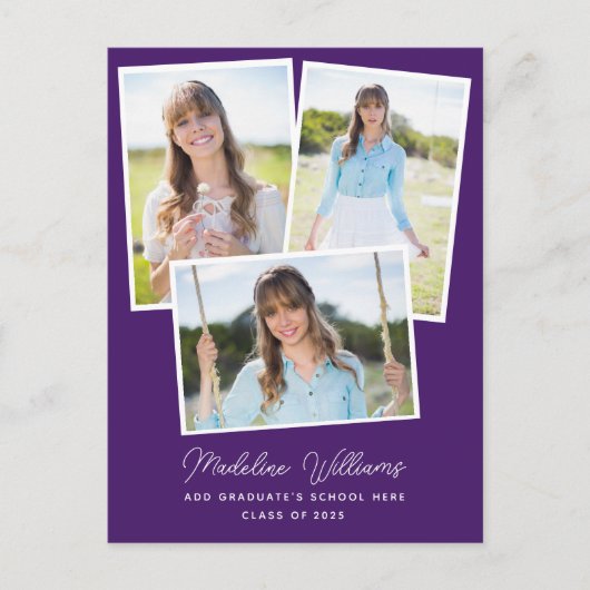 Lila, modernes Script Multi Foto Abschluss Postkarte (Vorderseite)