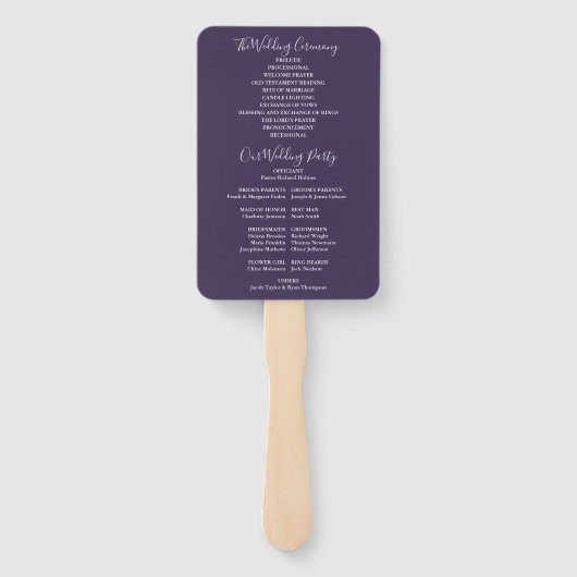 Lila modernes SkriptWedding-Programm Handfan Fächer (Rückseite)