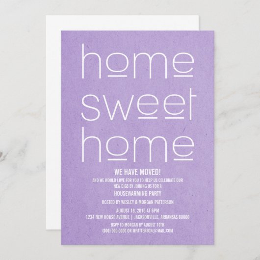 Lila Modernes Sweet Zuhause Housewarming Party Einladung (Vorne/Hinten)