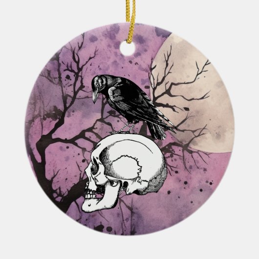 Lila Mond mit Kruge oder Raven und Schädel Keramik Ornament (Vorne)